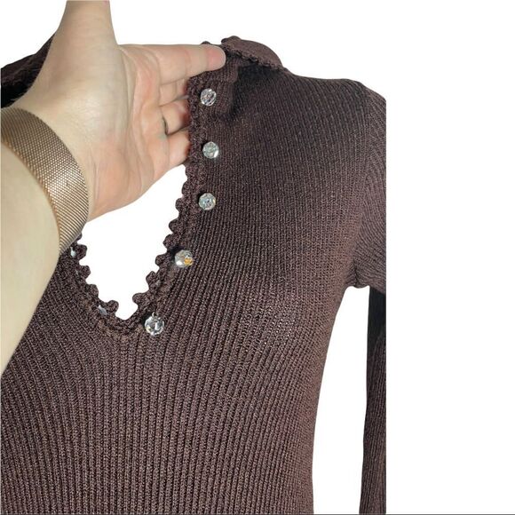 Vintage 60s Goldworm Knit Ribbed Crochet MIDI Chocolate Brown Sweater Dress XS - Picture 12 of 17